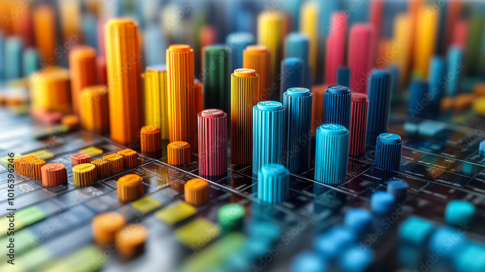 Poster colorful data visualization display with bars and dots representing analytical information in a mode