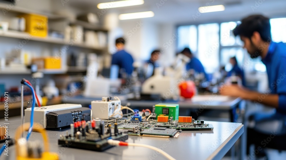 Poster a laboratory scene with students working on electronics and circuit boards.