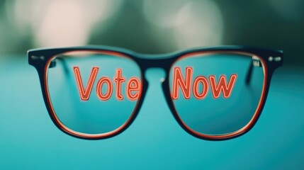 Voter s glasses reflect the Vote Now message symbolizing the importance of active civic participation and making one s voice heard in the democratic process