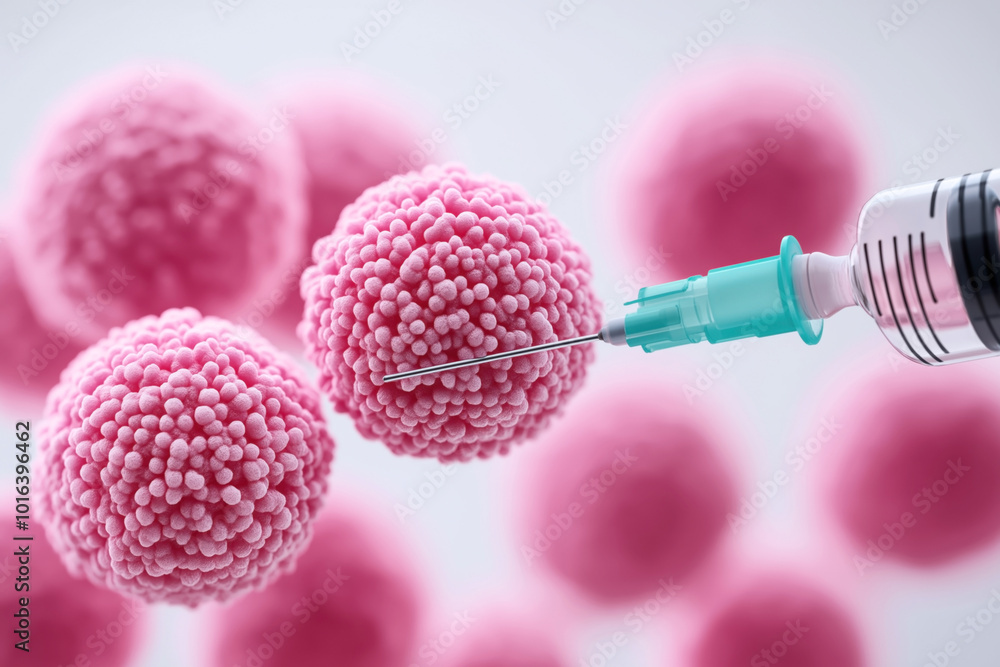 Sticker Close-up of syringe needle aiming at pink cancer cells, representing medical research, treatment, or immunotherapy in oncology against a blue background.