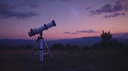 Large astronomical telescope set for stargazing beneath a twilight sky.