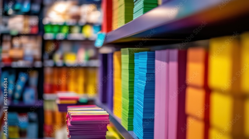 Poster a colorful display of stacked paper sheets in a stationery store.