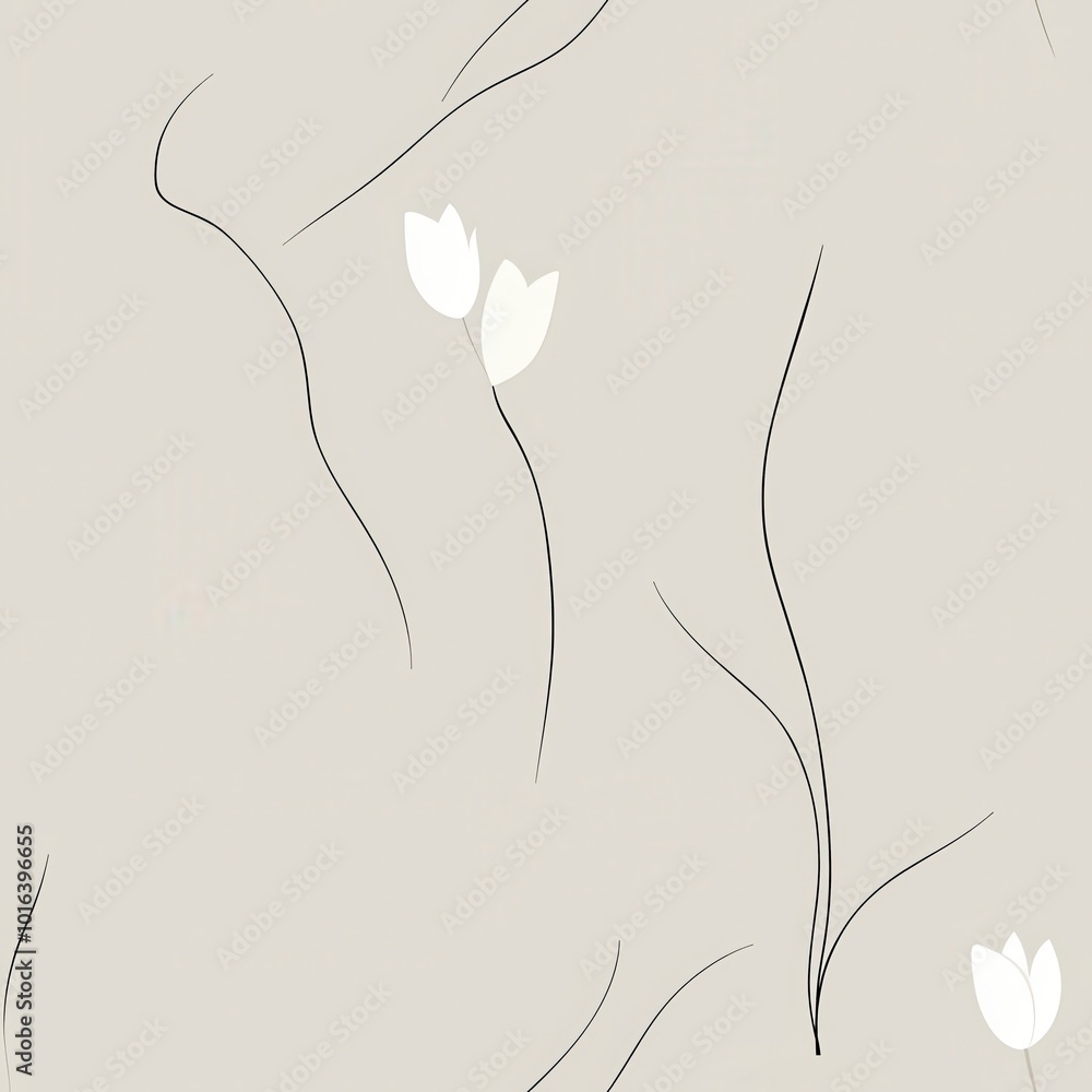 Poster Elegant Tulip Minimal Linework on Soft Beige Background