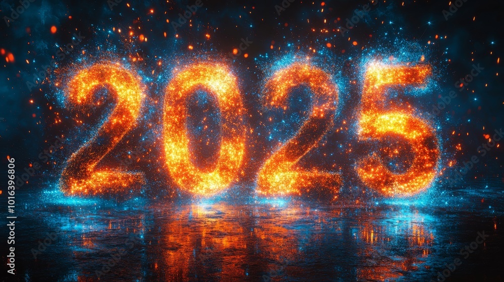 Poster vibrant fireworks display creating the number 2025 at night with shimmering reflections