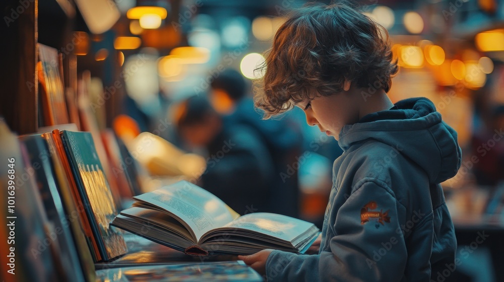 Poster A child engrossed in reading a book in a cozy, illuminated bookstore.