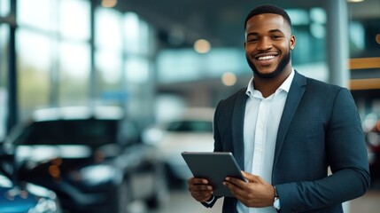 Smiling salesperson with a tablet in a luxury car dealership