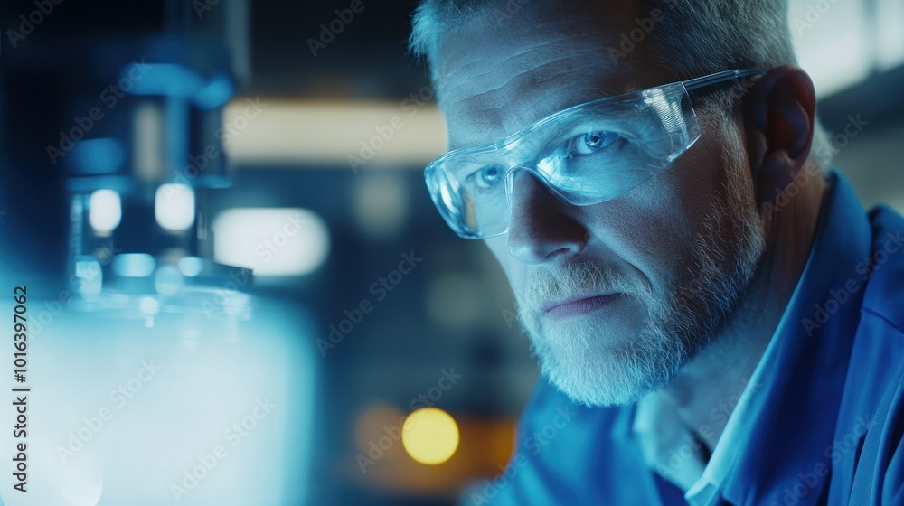 Poster a focused scientist examines data with precision under laboratory lighting.