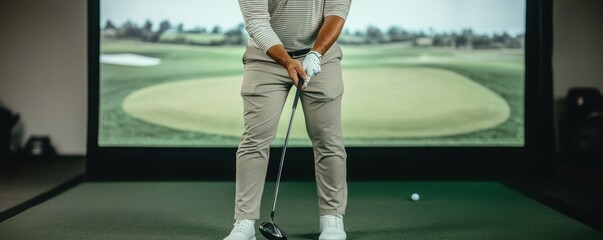 A golfer prepares to swing in a simulator, showcasing precision and focus in a modern digital setup.