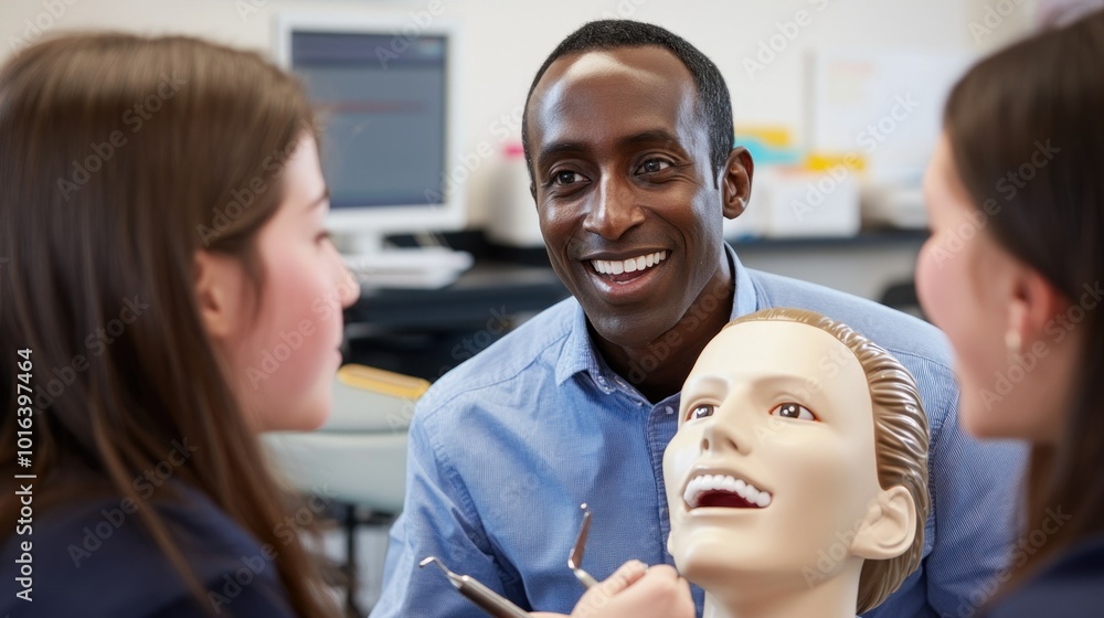 Poster a smiling instructor engages with students using a dental mannequin for hands-on learning.