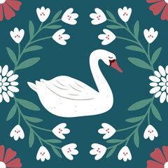 Swan and flowers seamless pattern. Hand drawn beautiful white swan and floral ornament on dark green background. Elegant folk endless backdrop © Shakhnoza