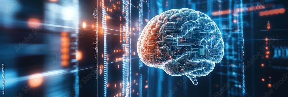 Poster a digital representation of a brain surrounded by data patterns, symbolizing technology and intellig