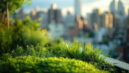 Rooftop gardens overlooking the urban landscape, green and tranquil, Urban, Soft greens, Photograph, Urban oasis