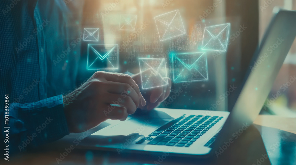 Poster a person typing on a laptop with digital graphics representing email communication in a bright works