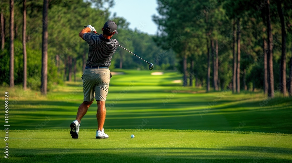 Wall mural A golfer swings on a lush green course, capturing a moment in sports and leisure.