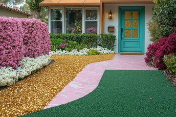 Obraz premium A chic front yard with blush pink artificial turf, a pathway of golden flecked marble to a teal door, surrounded by garnet shrubs and ivory flowers The house has beryl windows and a copper roof