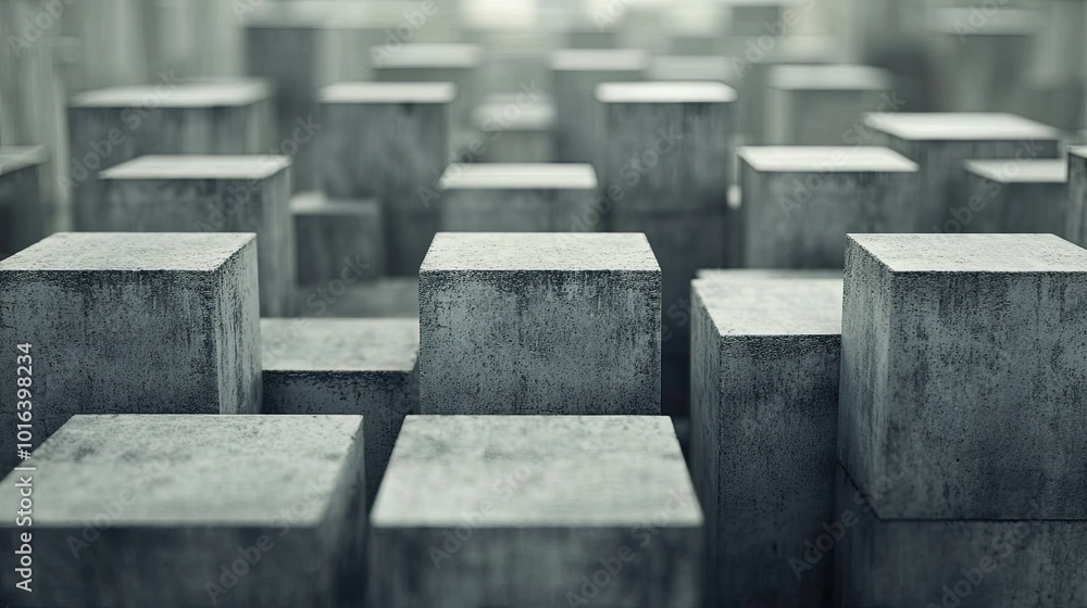Poster concrete blocks stacked in rows, wide space for copy in the background