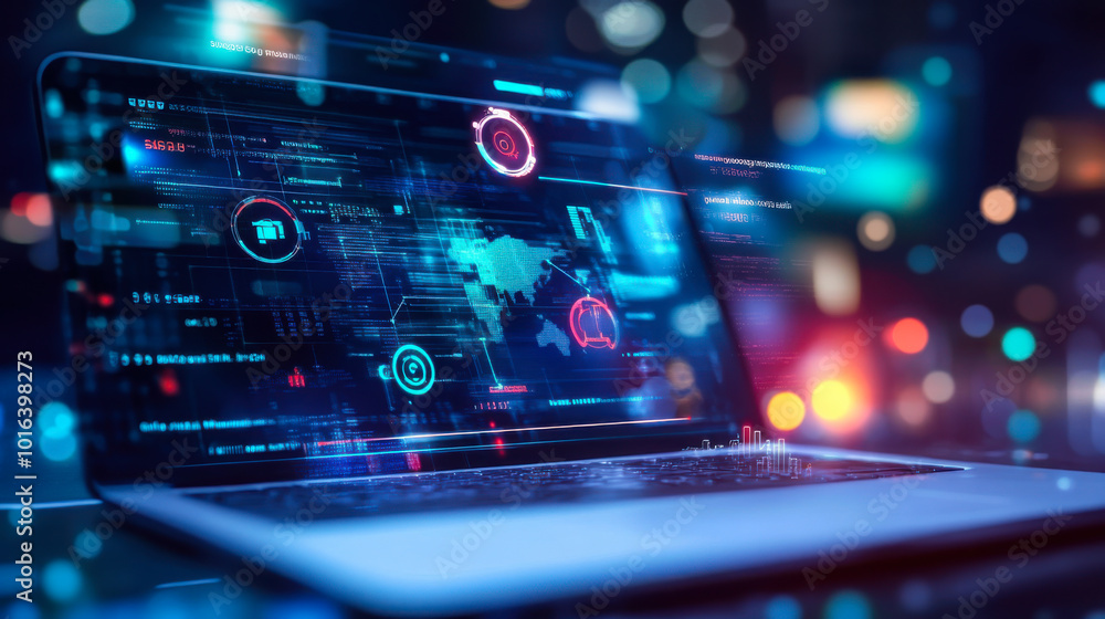Poster a laptop displaying complex digital data analytics in a vibrant urban environment at night showcasin