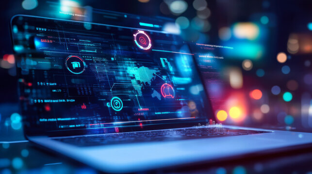 A laptop displaying complex digital data analytics in a vibrant urban environment at night showcasing technology and innovation