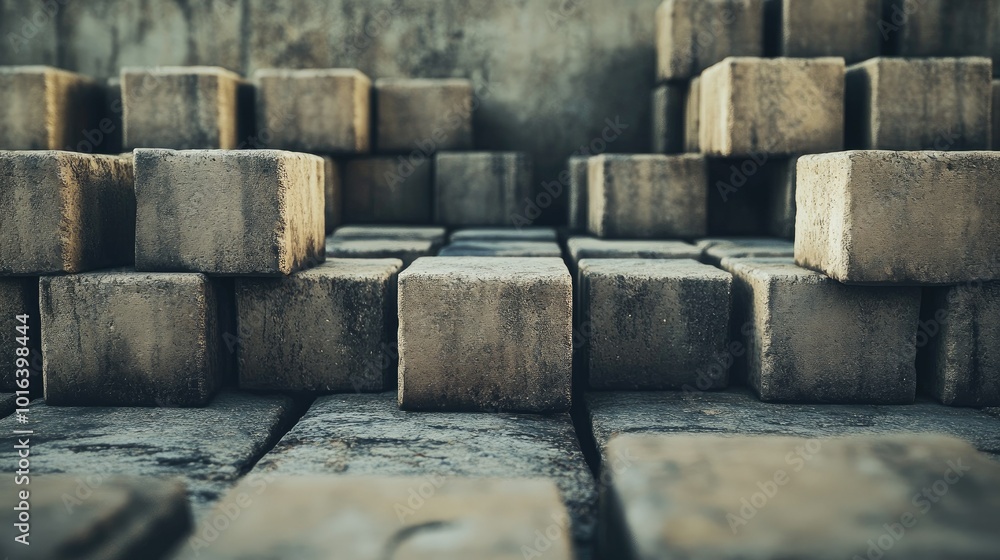 Poster concrete blocks stacked neatly on the ground, wide open area for copy space