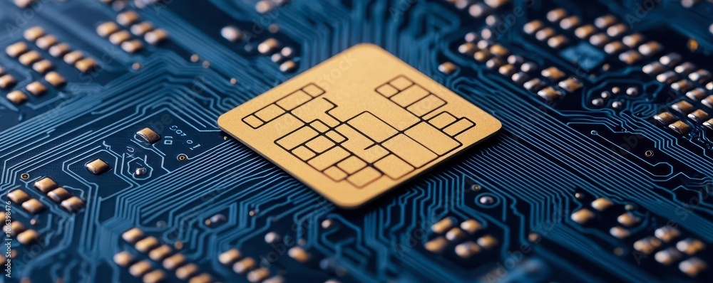 Poster close-up of a computer microchip on a circuit board, showcasing detailed electronic connections and 