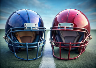 Fototapeta premium Two football helmets positioned on field, showcasing vibrant colors and intricate designs. blue and maroon helmets symbolize competition and teamwork in sport