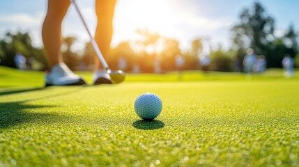 A golfer prepares to putt on a sunlit green, with a focus on the golf ball.