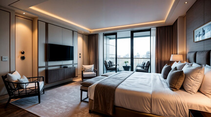 Fototapeta premium Luxurious bedroom with a king-size bed, wall-mounted television, and a comfortable balcony adorned with chairs and cushions.