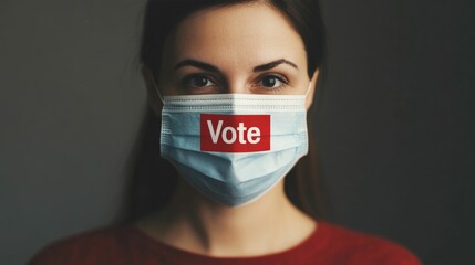Close up of a hand adjusting a face mask with a  Vote  slogan showing a person standing in line at a polling station during the COVID 19 pandemic