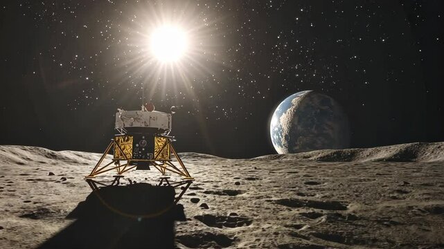 A lunar lander sits on the moon's surface with Earth in the background