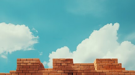 Fototapeta premium Construction bricks stacked high, with blank space in the sky for text