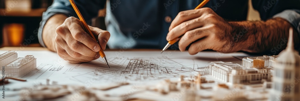 Poster a person sketching architectural plans with precision tools beside a scale model.