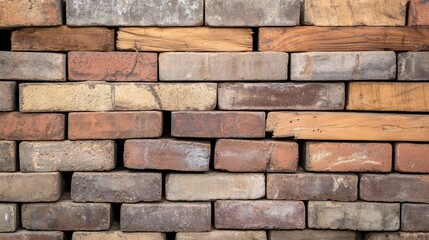 Fototapeta premium Construction materials like bricks and wood planks stacked together, copy space above