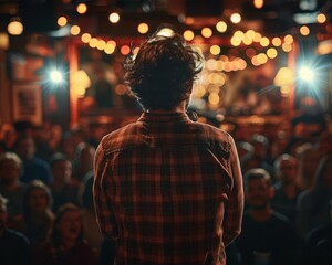 Obraz premium Stand-up comedians performing at a comedy club, lively and humorous, Urban, Soft tones, Photograph, Comedy night