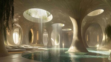 Obraz premium Photorealistic Futuristic Architectural Wonder: Luxurious Spa Oasis with Flowing Design of Natural Materials and Relaxation Spaces