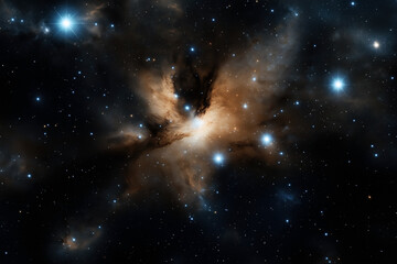 Obraz premium A detailed image of a starry sky with numerous stars and a central bright nebula, featuring dust clouds lit by stellar light, creating a celestial scene.