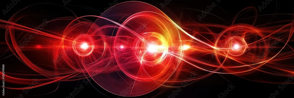 Poster abstract design featuring dynamic red light waves and glowing orbs against a dark background.