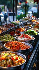 Fototapeta premium Street food stalls from various cultures around the world, diverse and flavorful, Culinary, Bright hues, Photograph, Global flavors