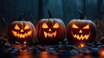 Halloween spooky pumpkin faces in the dark