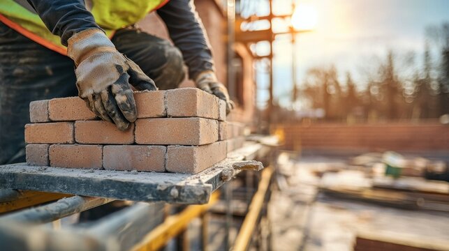 A construction worker carefully stacking bricks on a scaffold at sunset.
