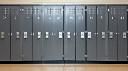 A series of fully enclosed digital lockers line the wall, each marked with individual numbers. The setting emphasizes storage options and organizational tools.