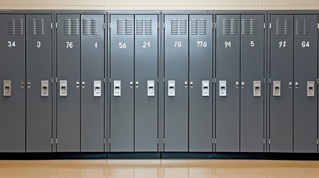 A series of fully enclosed digital lockers line the wall, each marked with individual numbers. The setting emphasizes storage options and organizational tools.