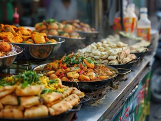 Fototapeta premium Street vendors selling local delicacies, vibrant and flavorful, Urban, Bright hues, Photograph, Urban cuisine