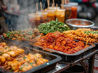 Obraz premium Street vendors selling local delicacies, vibrant and flavorful, Urban, Bright hues, Photograph, Urban cuisine