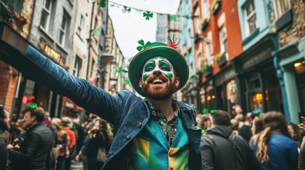 Fototapeta premium A man in festive attire joyfully engages the crowd during St. Patrick's Day festivities