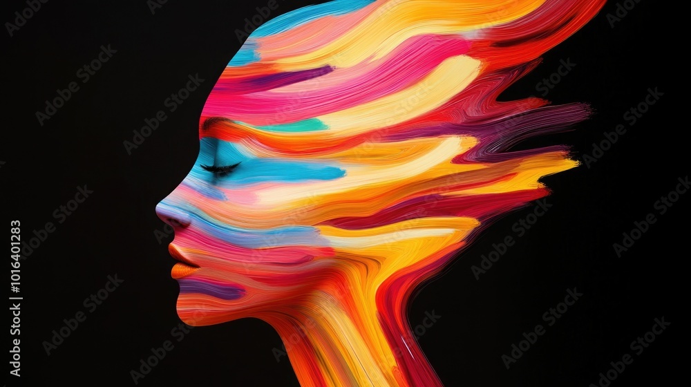 Aufkleber surreal image of a human head filled with colorful swirling ideas symbols of business and technology