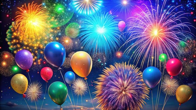 Vibrant fireworks explode in a night sky, surrounded by colorful balloons and confetti, against a dark blue background, evoking a sense of celebration and joy.