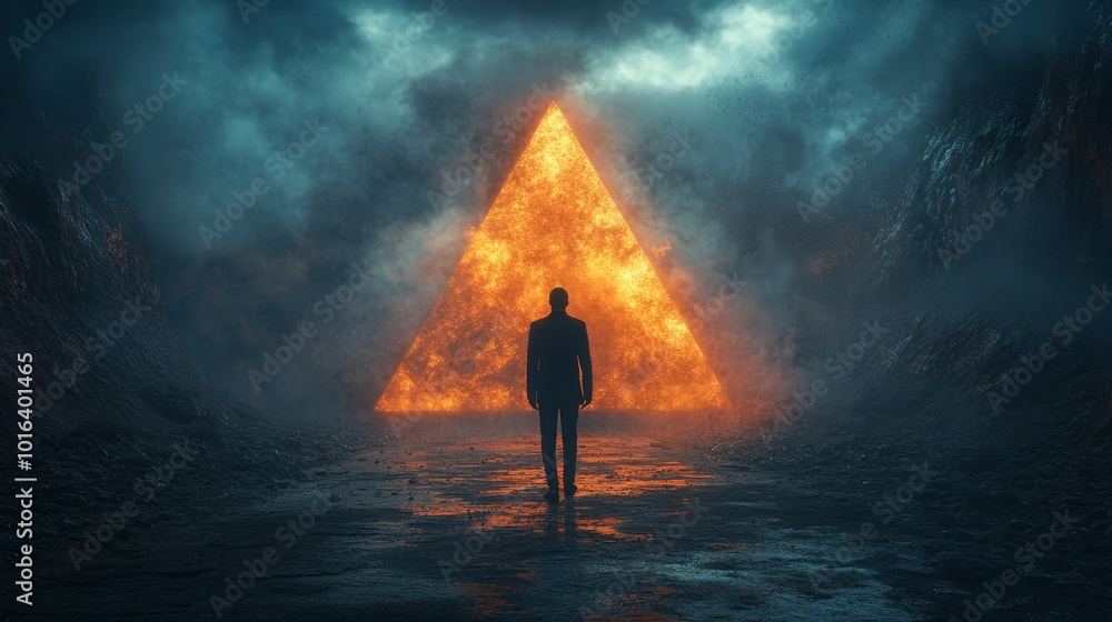 Wall mural A man stands in front of a large, glowing triangle