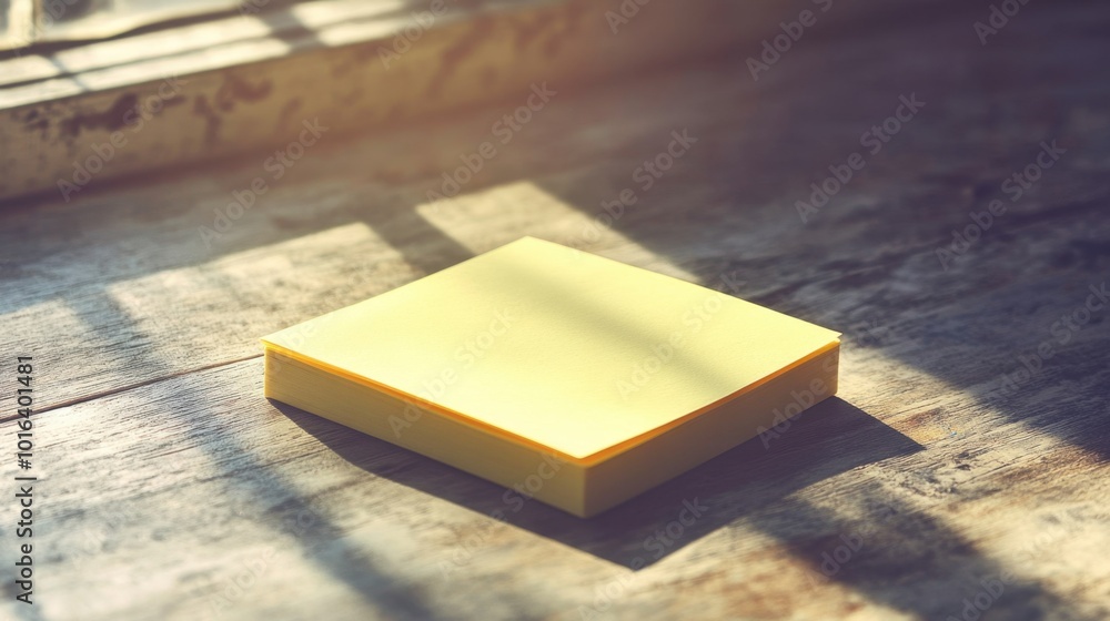 Poster a yellow sticky note pad sitting on a desk, with detailed textures and soft shadows adding depth