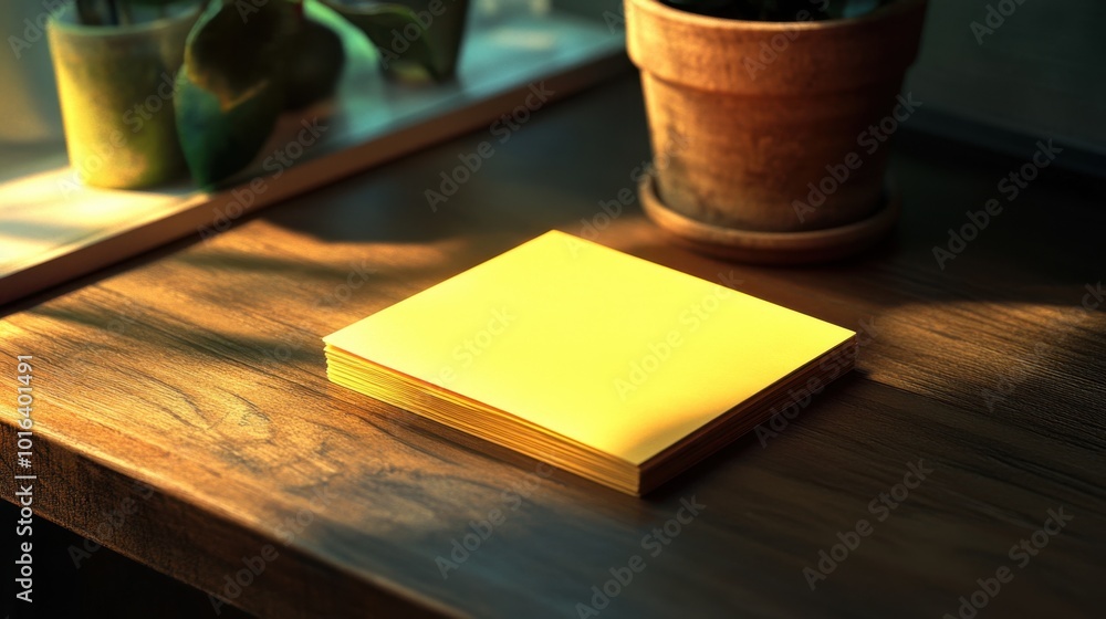 Poster a yellow sticky note pad sitting on a desk, with detailed textures and soft shadows adding depth