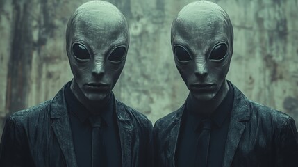 Two aliens with their faces obscured by masks stand in front of a wall